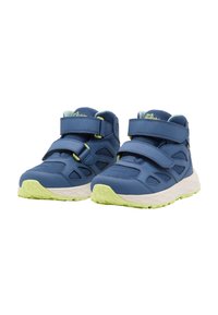 Blue ankle-height shoes with mesh and synthetic upper, two Velcro straps, green accents, and a white, textured sole.