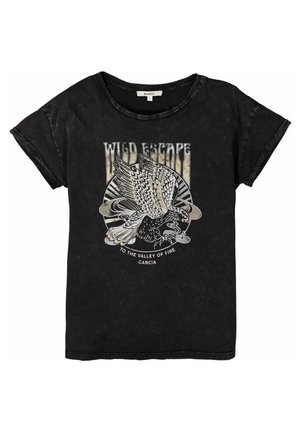 T-shirt noir à manches courtes avec un graphisme vintage d'aigle et le texte "Wild Escape to the Valley of Fire Garcia" sur le devant.