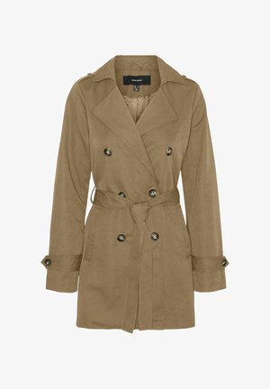 Manteau trench beige en tissu lisse, doté de boutons double boutonnage, d'une taille ceinturée et d'épaulettes sur les épaules.
