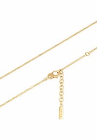 Guld kædedesign med en glat, skinnende tekstur. Har en hængekrog og en justerbar forlængelse, mærket med brandnavnet "JETTE."