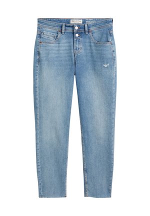 Helleblaue, cropped Jeans aus Denim, mit Knopfverschluss, fünf Taschen und leichten Used-Effekten auf der Vorderseite.