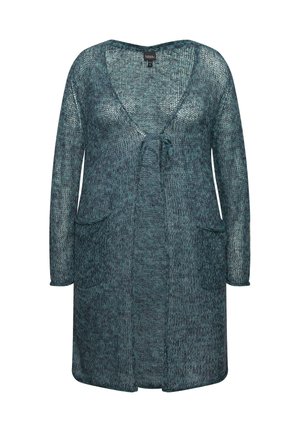 Dlouhý cardigan na otevřeném předním díle vyrobený z teplého pleteného materiálu v kombinaci smaragdové barvy. Obsahuje dlouhé rukávy, výstřih do V, přední kapsy a zavazování u krku.