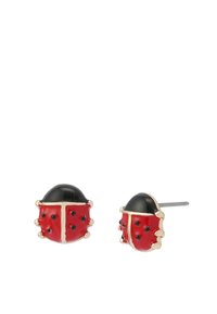 Pendientes de mariquita en rojo y negro hechos de esmalte con detalles en tono dorado. Presentan puntos elevados y un acabado pulido, montados en postes de metal.