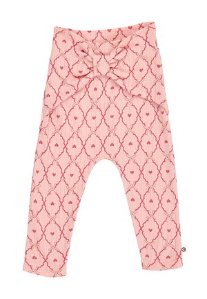 Pink baby pants with red heart pattern and large tied bow detail at the waist, made from soft, textured fabric.