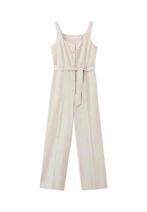 Combinaison beige sans manches avec jambes larges, fermeture boutonnée sur le devant, encolure carrée et ceinture en tissu assorti nouée à la taille.