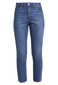 Vaqueros de cintura alta de color azul, fabricados en denim, con una silueta ajustada, cinco bolsillos y costuras naranjas en contraste.