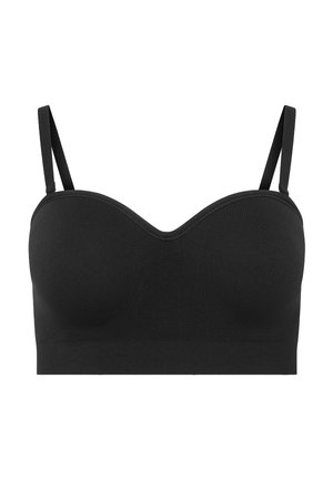 Zwarte naadloze strapless beha met dunne verstelbare schouderbandjes en gevormde cups, ontworpen voor comfort en ondersteuning.