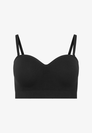 Reggiseno nero senza cuciture, senza spalline, con sottili spalline regolabili e coppe sagomate, progettato per comfort e sostegno.