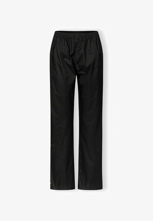 Pantalons noirs, légers, avec une taille élastique et une coupe droite. Comprend des poches et un tissu lisse, résistant à l'eau. Pas de matériel visible.