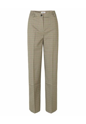 Pantalon taille haute à jambes droites avec petit motif à carreaux beige, vert et marron et fermeture par bouton à la taille.