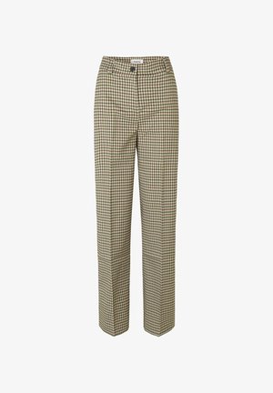 Pantalon taille haute à jambes droites avec petit motif à carreaux beige, vert et marron et fermeture par bouton à la taille.