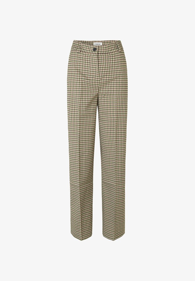 Pantalon taille haute à jambes droites avec petit motif à carreaux beige, vert et marron et fermeture par bouton à la taille.