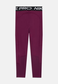 Ciemnofioletowe legginsy sportowe z czarnym elastycznym pasem w talii, z białym logo "NIKE PRO".