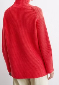 Un adulte portant un pull col roulé épais et rouge vif à manches longues, vu de dos, assorti à un pantalon beige clair.