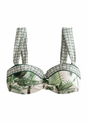 Bikini top met beugel, palmbladprint, groene bies en gestreepte banden, met een gestructureerd ontwerp en een knoopdetail aan de voorkant.