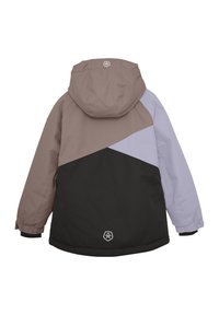 Vattenavvisande jacka med blockfärgsdesign i brunt, svart och ljuslila. Har en huva och elastiska ärmslut. Slät textur.