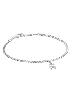 Silver chain bracelet with lobster clasp and a small, polished capital letter "H" charm.