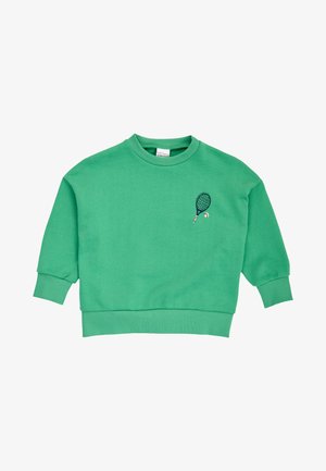 Grøn sweatshirt med lange ærmer, rund hals, ribbet manchet og kant, med en lille tennis ketcher og bold grafik på venstre bryst.
