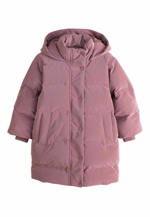 Puffer coat in light pink with a hood, snap buttons, two side pockets, and ribbed cuffs. Smooth, shiny fabric with a quilted pattern.