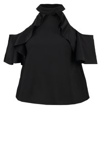 Top nero con spalle a taglio, caratterizzato da accentuazioni arricciate attorno al colletto e alle maniche. Realizzato in tessuto liscio e strutturato.