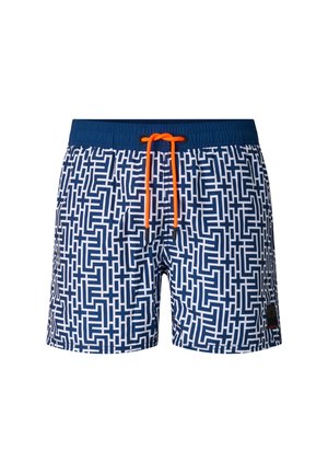 Marineblaue und weiße Badeshorts mit geometrischem Muster, elastischem Bund und hellorangefarbener Kordel, Vorderansicht auf weißem Hintergrund.