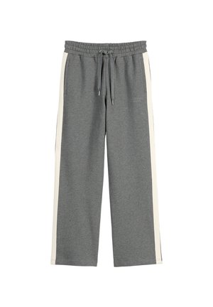 Gray sweatpants with elastic waistband, drawstring, side pockets, and white stripes running down the outer sides of the legs.