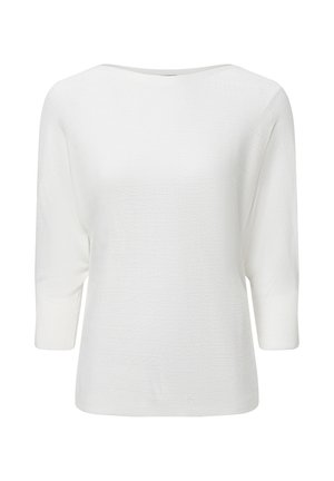 Weißer Strickpullover mit lockerer Passform, 3/4-Ärmeln, weichem Bootsausschnitt und dezenten strukturierten Streifen im ganzen Gewebe.