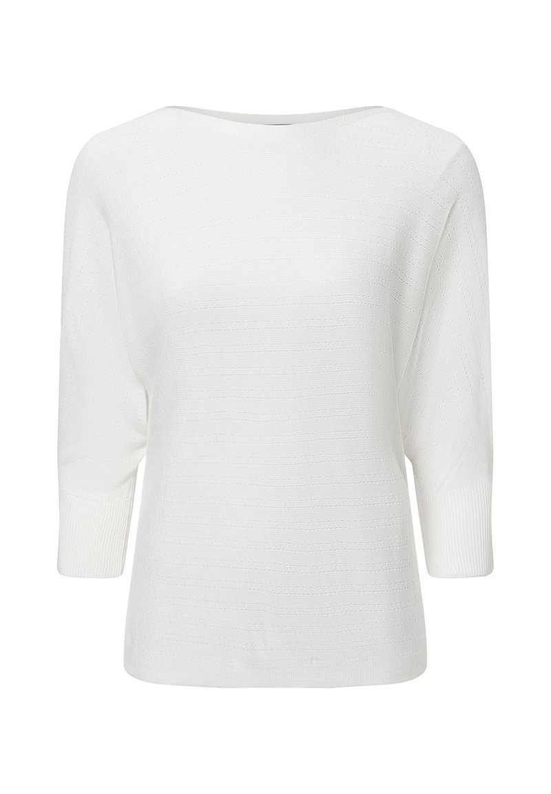 Maglione bianco a maglia con vestibilità morbida, maniche 3/4, scollatura a barca e sottili strisce texture su tutto il tessuto.