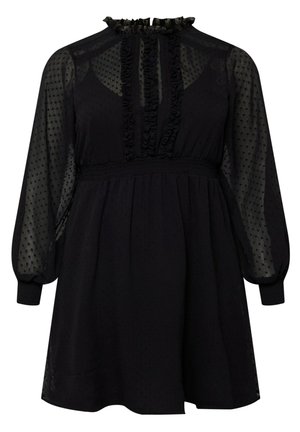 Schwarzes Kleid mit transparenten, gepunkteten langen Ärmeln, gerafftem hohem Kragen, Rüschenbesatz an der Vorderseite des Oberteils, tailliert und mit ausgestelltem Rock.