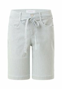 Shorts en denim rayés bleu clair et blanc, avec une taille à cordon, quatre poches et des ourlets retroussés pour un ajustement soigné.