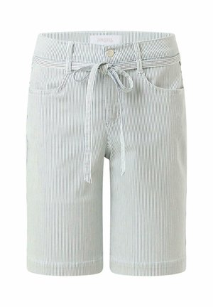 Pantaloni scurți din denim cu dungi în albastru deschis și alb, având un talie cu șnur, patru buzunare și margini răsucite pentru o potrivire ajustată.