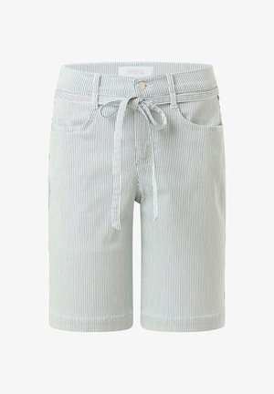 Pantaloni scurți din denim cu dungi în albastru deschis și alb, având un talie cu șnur, patru buzunare și margini răsucite pentru o potrivire ajustată.