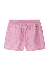 Różowe kąpielówki z lekkiego materiału, z geometrycznym wzorem, elastycznym paskiem w talii i tylną kieszenią z metką z logo.