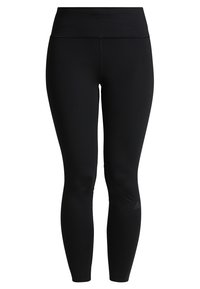Czarne legginsy sportowe z wysokim stanem, wykonane z elastycznego materiału. Posiadają minimalistyczny design oraz małe logo w pobliżu kostki.