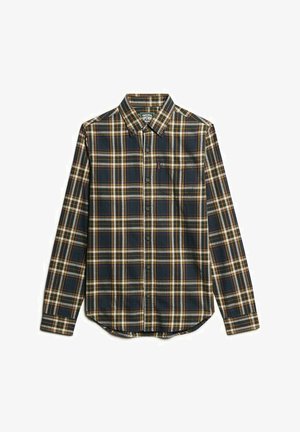 Camisa de botones en cuadros de verde oscuro y azul marino, con detalles en blanco y naranja, de mangas largas y un bolsillo en el pecho. Confeccionada en tela suave.