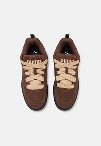 Brown suede sneakers with thick beige laces, black inner lining, logo on tongue, and rubber sole with rounded edges.