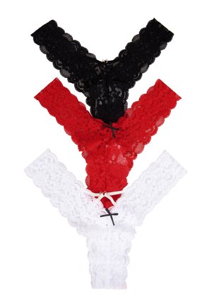 Drei Spitzen-Damenslips in Schwarz, Rot und Weiß, vertikal angeordnet mit kleinen dekorativen Schleifen auf den vorderen Bundbändern.