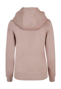 Hoodie rosa chiaro con una texture morbida, cappuccio con cordoncino e polsini e orlo a costine. La vista posteriore mostra un design liscio e privo di decorazioni.