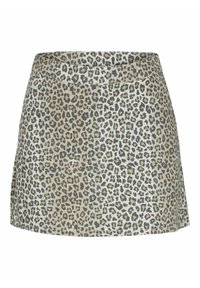 Gonna con stampa leopardata e vita aderente, caratterizzata da un mix di macchie beige, nere e grigie su uno sfondo chiaro, texture del tessuto liscia.