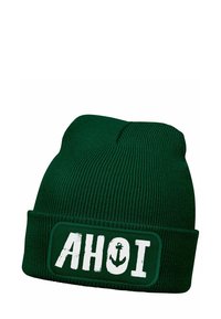 Green knitted beanie with a folded cuff, featuring a rectangular patch that reads "AHOI" in white, accompanied by an anchor graphic.