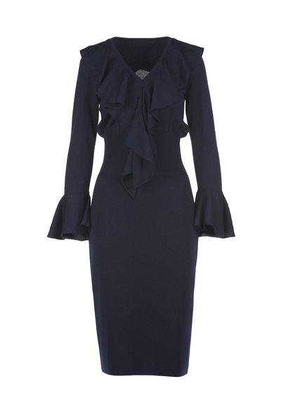 Mornarsko modra obleka z dolgimi rokavi v oprijetem dizajnu z naborki na dekolteju in rokavih, s rebrastim pasom.