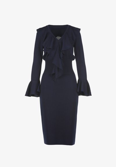 Mornarsko modra obleka z dolgimi rokavi v oprijetem dizajnu z naborki na dekolteju in rokavih, s rebrastim pasom.