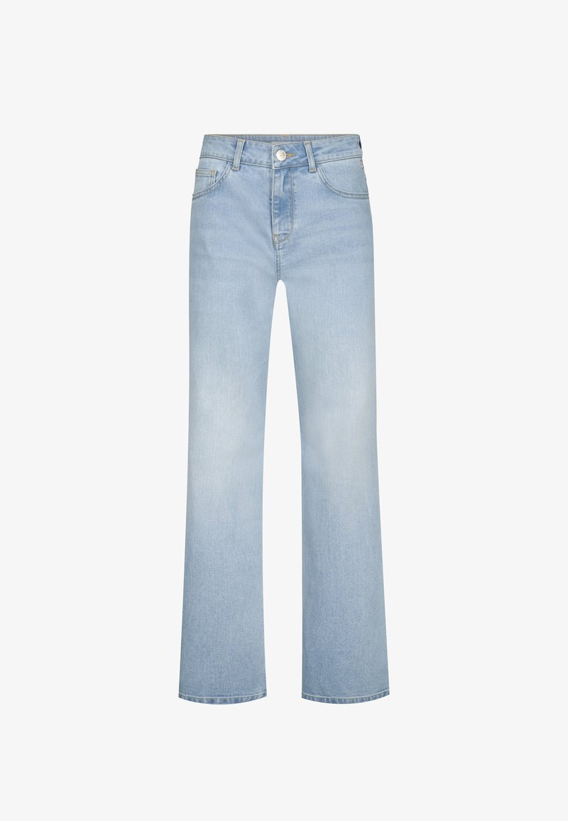 Lichtblauwe wijde jeans met een hoge taille, voorzien van voorzakken, een knoopsluiting en een rechte pasvorm van de heupen tot de zoom.