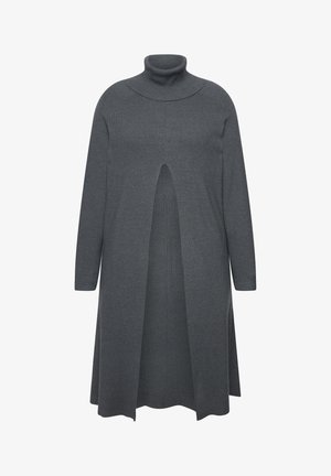 Robe tricotée grise avec un col haut, des manches longues et un détail de fente à l'avant. Présente une silhouette droite et tombe sous les genoux.