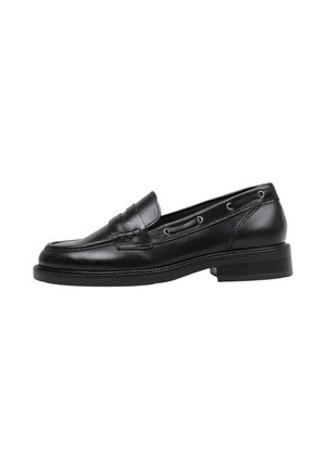 Mocasines de cuero negro con punta redonda, costura decorativa y cordones laterales. Presentan un tacón bajo y una textura suave.