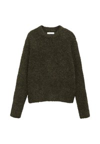 Pulover texturat, de culoare verde închis, cu guler rotund și mâneci lungi; fir moale cu un aspect pufos, tăiat scurt.