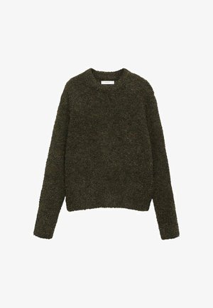 Maglione di un verde scuro, con texture, dal collo a giro e maniche lunghe; filato morbido con un aspetto peloso, di taglio corto.