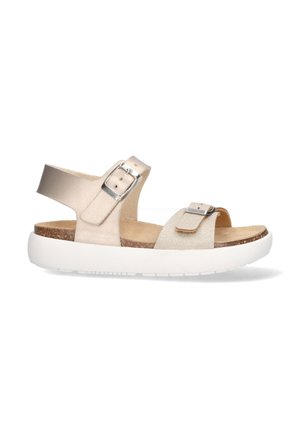 Lichtbeige sandalen met dubbele verstelbare banden, een gestructureerde binnenzool en een witte plateauzool met een kurklaag.