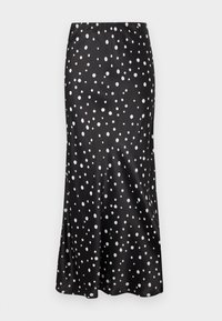 Fekete szatén szoknya, bővülő fazonban, változó méretű fehér pöttyökkel, sima textúrával és elegáns eséssel.