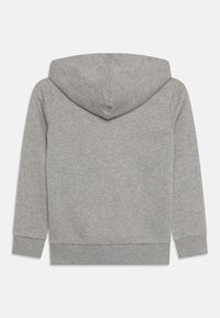 Hellgrauer Hoodie mit glatter Textur, vorderer Kängurutasche und rundem Kapuzenaufsatz. Die Bündchen und der Saum sind gerippt. Einfaches, lässiges Design.